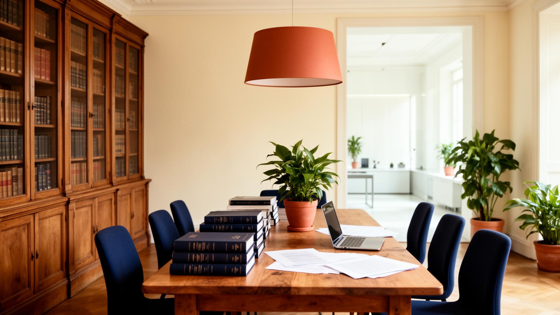 Despacho luminoso con biblioteca de madera, mesa de trabajo y espacio para conversar tranquilamente con un abogado.